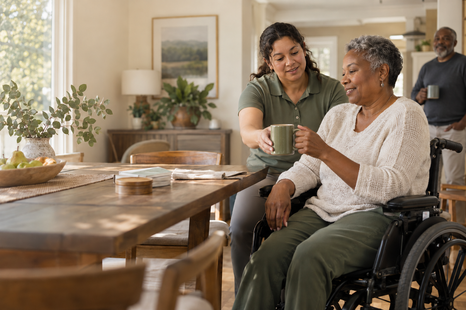 Illustration of a therapist supporting a woman in a welcoming home setting.